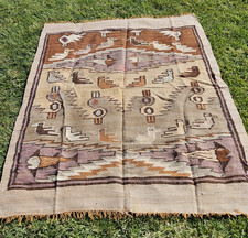 AS-IS Very Old Pictorial Chimu Peruvian Flat Weave Wool Blanket Rug Birds Fish picture