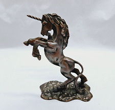 Vintage 70s Cast Bronzed Metal Rearing Unicorn Statue Mystical Fantasy Figurine picture
