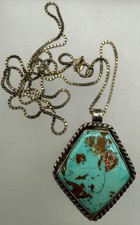 VINTAGE STERLING SILVER TURQUOISE NAVAJO GEOMETRIC PENDANT CHAIN NECKLACE 18