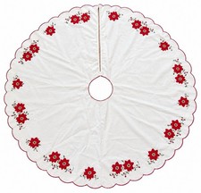 Vintage Ann’s Christmas Tree Skirt 40” Cotton Poinsettia Applique Embroidered picture