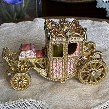 Vintage Pink Enamel & gold Jeweled Royal Carriage Ring Trinket Box Gold Tone picture