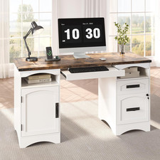 55'' Farmhouse Executive Desk with Drawers & Charging Station, White picture