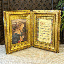 Vintage Italian Florentine Giltwood Diptych Virgin Mary Praying Madonna 8.5”x6”  picture