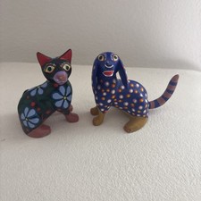 Jose Olivera Perez signed Hand Painted Dog & Cat Wood Sculpture Oaxaca Mexico picture