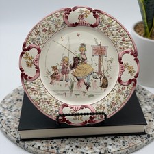 Antique Sarreguemines French Plate c 1900 French Fishing Scene Pink Earthenware picture
