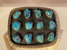 Vtg Southwest Chunky Turquoise Stone Belt Buckle Western Nickel Silver Rope Edge picture