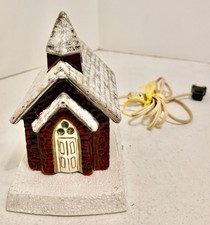 Vtg 1970's Lighted Ceramic Church Chapel Snow covered Roof Stained Glass Windows picture