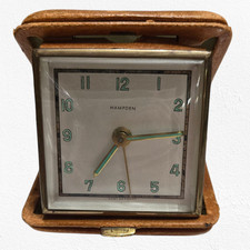 50s Vintage Hampden Travel Alarm Clock Wind-Up Mid-Century Leather Folding Case picture