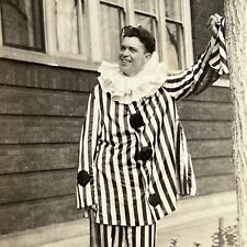Vintage B&W Snapshot Photograph Handsome Young Man Clown Pierrot Costume picture