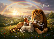 Premium Peaceful Lion and Lamb and Child Artwork Digital Picture Photo Wallpaper picture