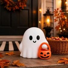 Halloween Ghost Figurine, Funny Spooky Resin Ghost with Pumpkin Basket Statue, C picture