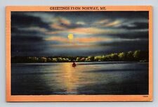 Greetings From Norway ME Maine Sailboat Moonlight Postcard PM Norway Cancel WOB picture