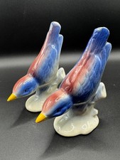 Vintage Pair Porcelain Bird Figurines Blue Red Yellow Beak Mid Century Japan picture