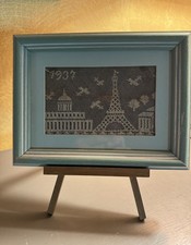 Vintage 1937 Paris Eiffel Tower Lace Textile Framed French Art scene displayed picture