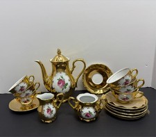 Vtg Tirschenreuth Bavaria Germany Gold Leaf Rose 16Pc Tea Set Sugar No Lid MCM picture
