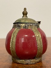 Vintage Brass Encased Chinoiserie Red Porcelain Hinged Lidded Pot Condiment Jar picture