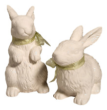 Spring Decor Easter Bunny Rabbit Figurine Set of 2 White Sculpted Ceramic 8.5in picture