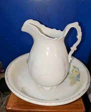 Antique Warwick China Wash Basin Bowl & Pitcher Set Floral Blue Yellow Gold Trim picture