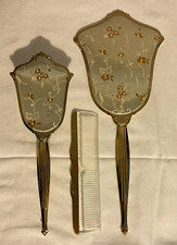 True VTG Gold Tone Floral Etched Vanity Set Mirror Brush Comb Nylon Bristle USA picture