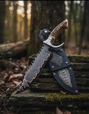 Custom Handmade Damascus Steel Copper Pattern Blade Hunting Stag Knife & Sheath. picture