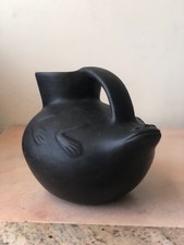 Chilean Black Pottery Frog Pitcher, Vessel, Unique Vintage Art Pottery Chile picture