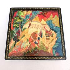 Russian Red Lacquer Box 6.5” Square Mstera Hand Painted Folk Art  picture