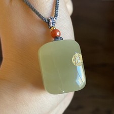 Untreated Genuine Nephrite Jade Pendant Hetian Jade 純天然和田玉 冰黄口料悦字牌 picture