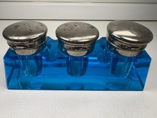 Antique Bohemian Turquoise Blue Glass Triple Inkwell Art Deco Desk Stand picture