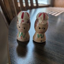 Vintage Salty and Peppy Wooden Salt and Pepper Shakers. Made In Japan. picture