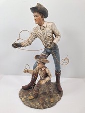 BEAUTIFUL FORK ART FIGURINE COWBOY W/ SON ON CATTLE RANCH HOLDING LASSO ROPE 17