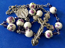 Porcelain Auto Rosary Purple Rose Crystal Crucifix Bead Caps 8mm Handmade picture