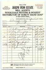 1943 Joseph Penn Estate Shenandoah PA Notions Billhead picture