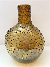 Vintage Amber Art Glass Vase Hand Blown Dimpled Textured MCM Decor 8.5