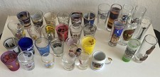 collection of 33 souvenir shot glasses + wooden vine box picture