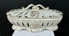 Vintage White Trimmed in Gold Reticulated Decorative Lidded Porcelain Dish Bowl picture
