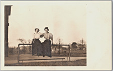 Set of 2 Antique RPPC Postcards Women Friends Lawn Candids Striped Blouse 1910s picture