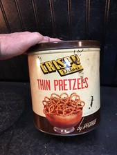 Vintage Crispy Deluxe Thin Pretzel Tin By Hygrade 12oz Size 7.5inx7in picture