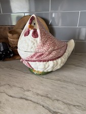 VTG N.S. Gustin Co. Ceramic Hen Chicken Soup Tureen Pink Spongeware Shawl 11.5