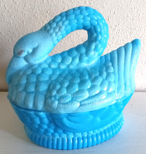 Vintage HSINCHU Swan Blue Milk GLASS MADE IN TAIWAN Candy Trinket Dish  picture