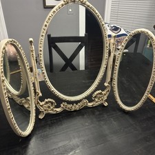 Vtg Mid-Century Triptych Rococo Trifold 3 Vanity Mirror Cream Gold Dressing 70s picture