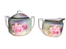Hand Painted Sugar Bowl,  Creamer Prov Sxe ES Germany Antique Saxe china READ picture