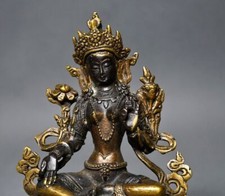 Old Tibetan Bronze Gilt Green Tara Bodhisattva Statue 5.9