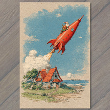 POSTCARD Santa Claus Riding Red Rocket Over Cottage Retro Christmas Fantasy picture