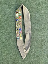 Vintage Boy Scout BSA Merit Badge Sash 22 Badges 1940s 1950s Khaki Twill Patches picture
