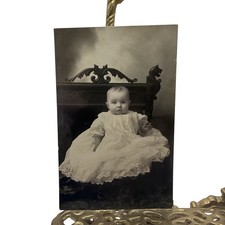 Antique C1910s Baby White Gown Ornate Chair RPPC Real Photo Postcard AZO 3.5x5.5 picture