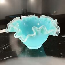 Vintage Fenton Turquoise Silver Crest Crimped Edge Ruffled Bowl Dish Glass Decor picture