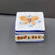 Vintage Tonala Mexican Pottery Butterfly Trinket Jewelry Box Signed Blue 2.5
