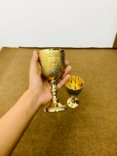 Set of 2 Goblet Brass Engraved Design Wine Cup Vintage Handmade Glass picture