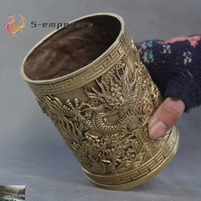 Marked old Chinese brass Buddhism auspicious Dragon statue Brush Pot pencil vase picture