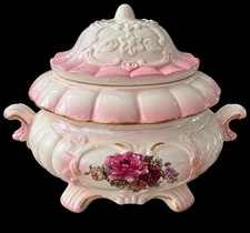 Vintage Pink and White Floral Lusterware Ceramic Candy Dish Soup Tureen with Lid picture